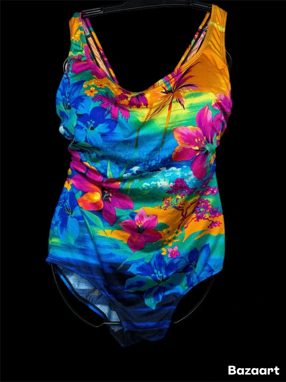 Longitude Vibrant Blue Pink Yellow Floral One-Piece Swimsuit beach scene - Picture 1 of 7